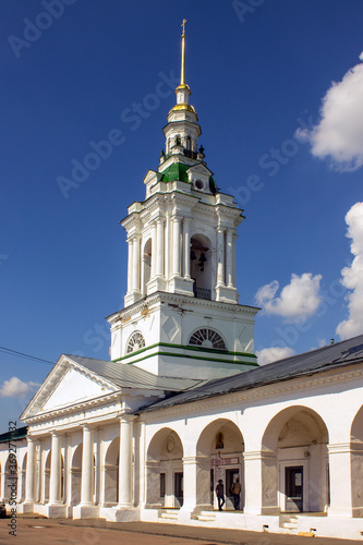 white stone Red rows with columns in the old city of Kostroma Russia on a clear summer day and space for copying