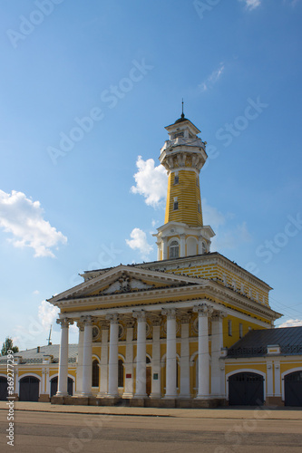 Fire tower in the historical part of the Kostroma Russia on a clear summer day and space for copying