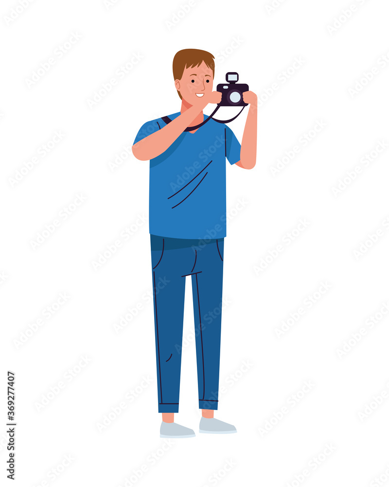 young tourist man using camera photographic character young tourist man using camera photographic character