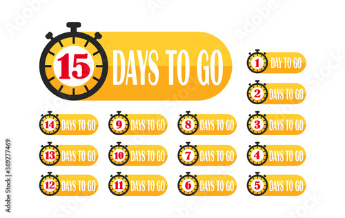Collection badges number days to go. Countdown left days. Vector flat icons.