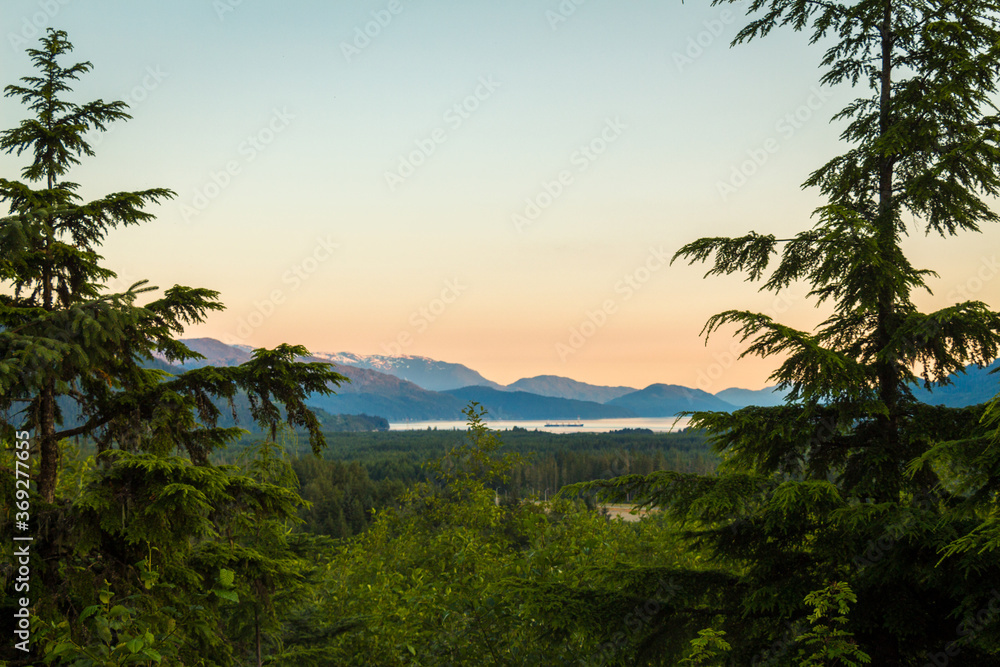 A view of the Douglas Channel at Kitimat from Coghlin Park at sunset