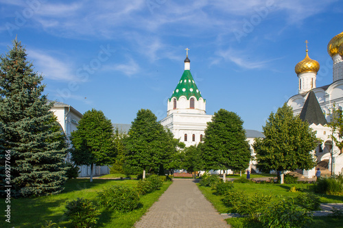 Holy Trinity Ipatiev monastery in Kostroma on a clear summer day against a blue sky and copy space
