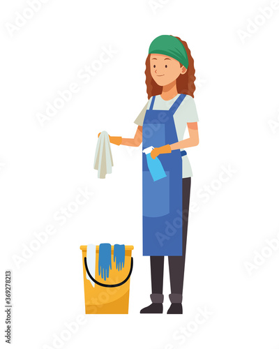 housekeeping female worker with cleaner bucket