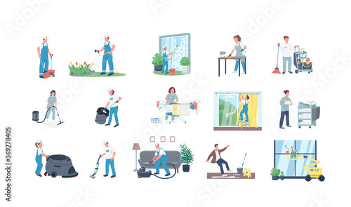 Cleaners flat color vector faceless characters set