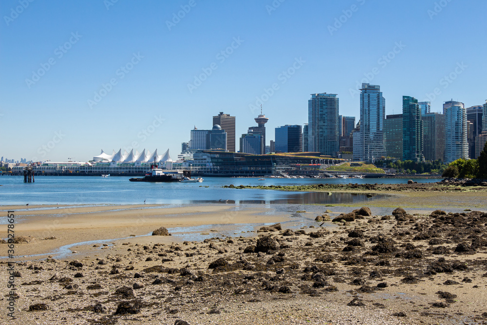 Naklejka premium The Vancouver Skyline and Canada Place at low tide from Stanley Park in summer