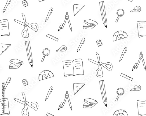 手書きの文房具の背景パターン／筆記用具／鉛筆／はさみ／定規／勉強