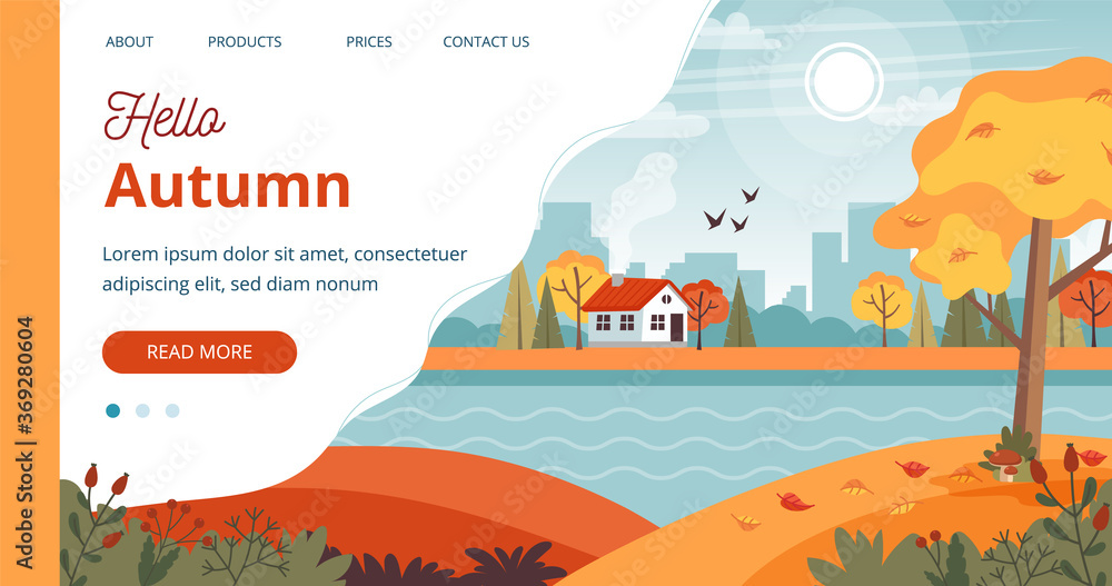 Hello Autumn template, landscape with cute house and lettering. Vector illustration in flat style Hello Autumn template, landscape with cute house and lettering. Vector illustration in flat style
