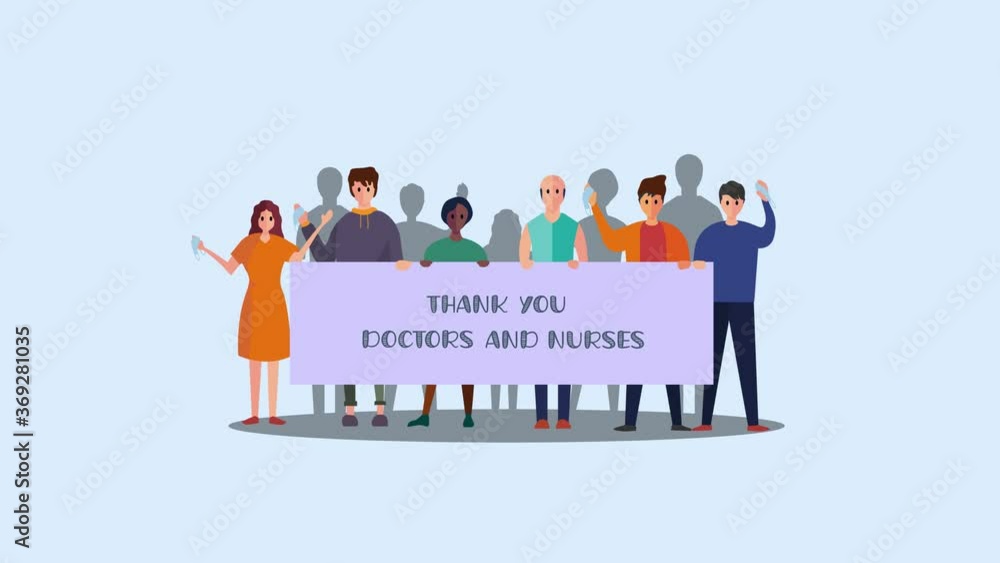People holds text of thank you doctors and nurses People holds text of thank you doctors and nurses