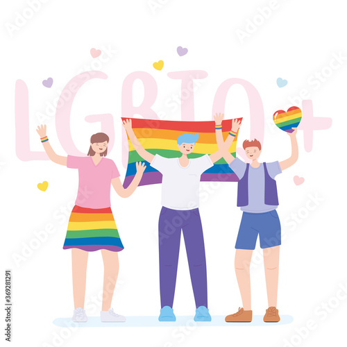 LGBTQ community, celebrating group people with rainbow heart and flag, gay parade sexual discrimination protest