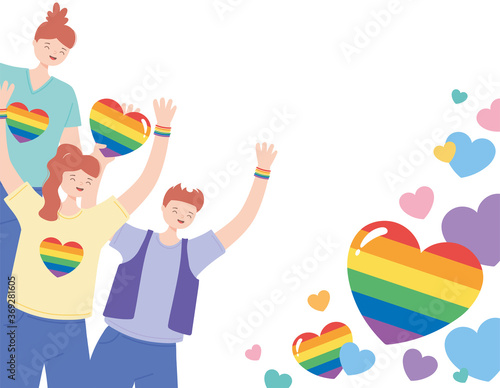 LGBTQ community, young people character with rainbow hearts, gay parade sexual discrimination protest