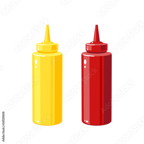 Mustard, ketchup sauces in squeeze bottles for fast food, vector illustration cartoon icons isolated on white background. © mything