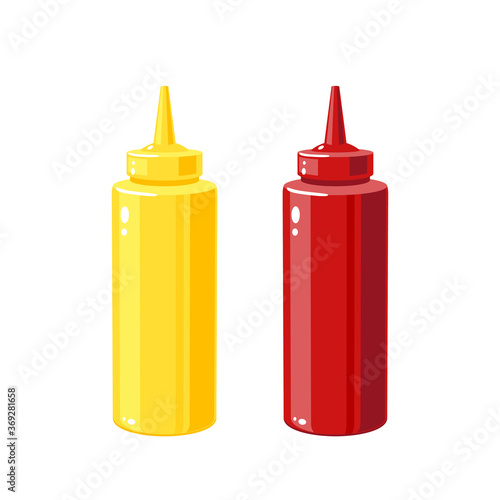 Mustard, ketchup sauces in squeeze bottles for fast food, vector illustration cartoon icons isolated on white background.