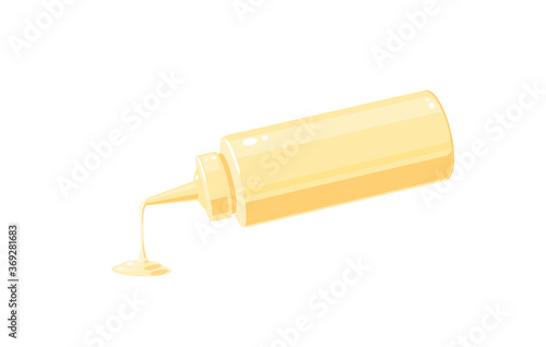 Mayonnaise sauce pouring from squeeze plastic bottle for fast food, vector illustration cartoon icon isolated on white background.