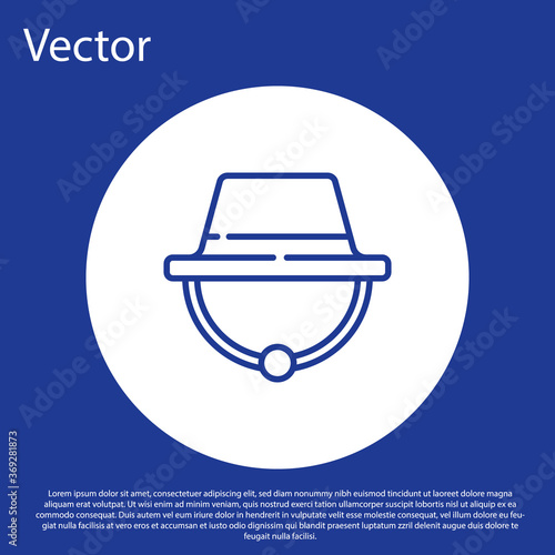 Blue line Camping hat icon isolated on blue background. Beach hat panama. Explorer travelers hat for hunting, hiking, tourism. White circle button. Vector Illustration.