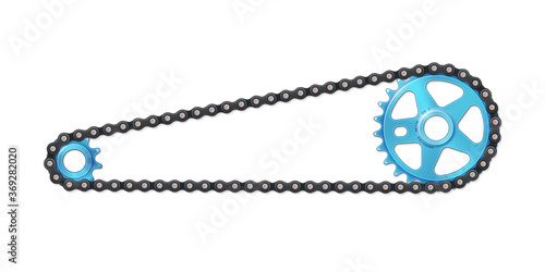 Drivetrain bicycle BMX. Blue sprocket with anodized metal effect, cogwheel and black chain. Vector bike parts