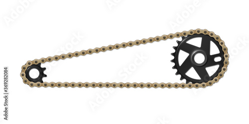 Drivetrain bicycle BMX. Black sprocket, cogwheel and brown chain. Vector bike parts