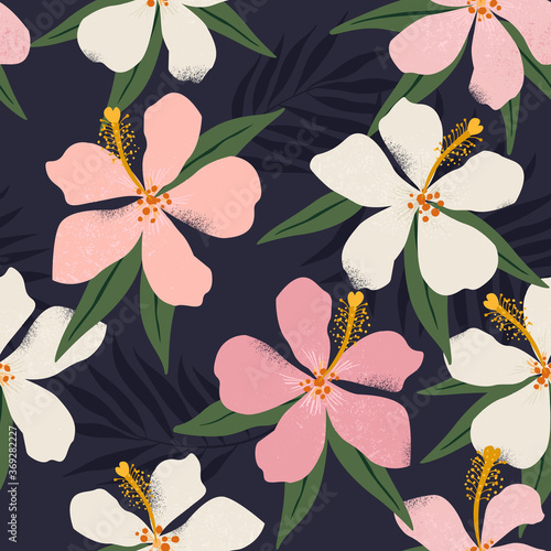 Tropical flowers and artistic palm leaves on background. Seamless. Vector pattern.