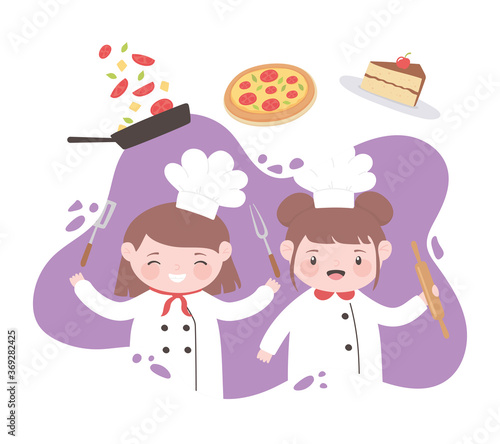 little girls chef cartoon character with pizza cake and utensils