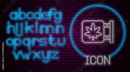 Glowing neon line Marijuana and cannabis store icon isolated on brick wall background. Equipment and accessories for smoking, storing medical cannabis. Neon light alphabet. Vector Illustration.