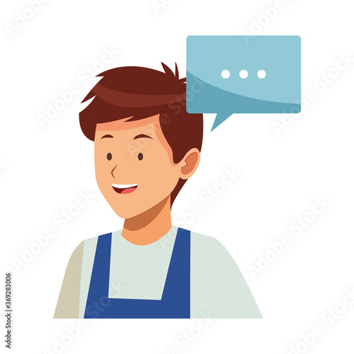 housekeeping male worker with speech bubble
