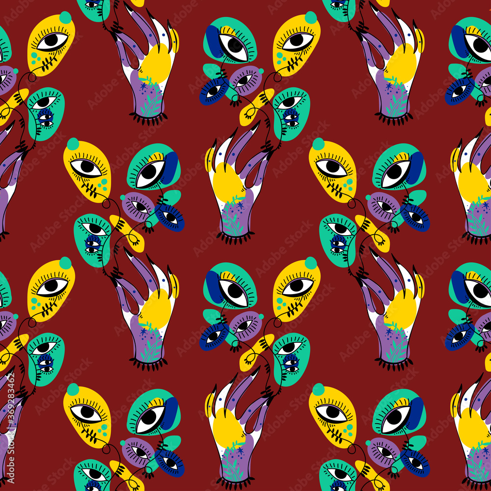 Hand holding psychedelic plant flower with many eyes vivid multicolor seamless pattern.