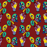 Hand holding psychedelic plant flower with many eyes vivid multicolor seamless pattern.
