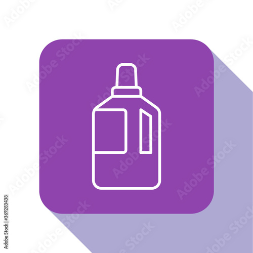 White line Fabric softener icon isolated on white background. Liquid laundry detergent, conditioner, cleaning agent, bleach. Purple square button. Vector Illustration.