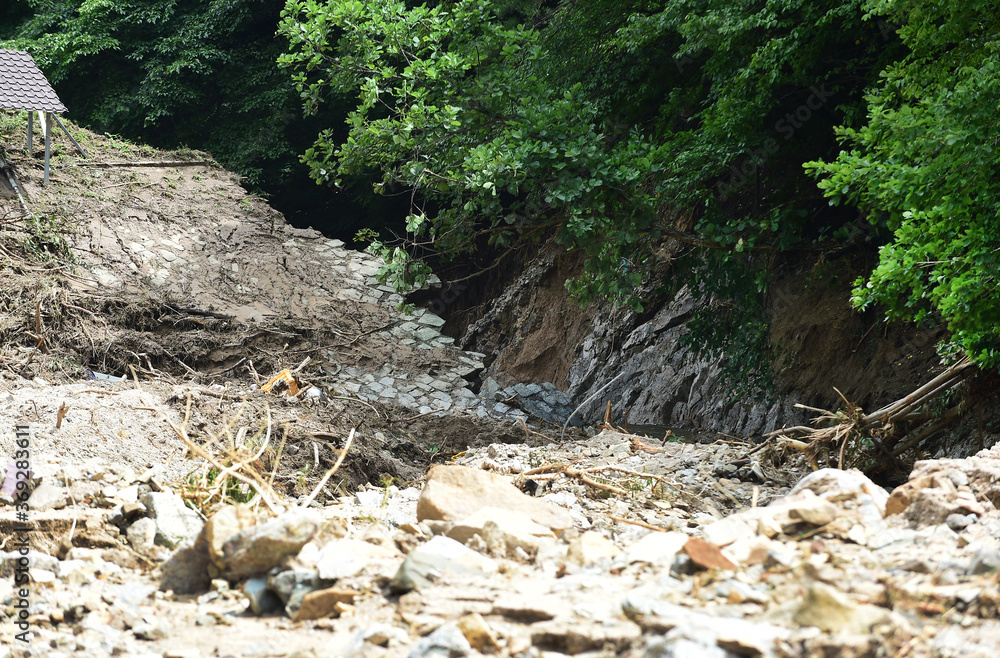 Obraz premium On August 4, 2020, bank collapsed by hard rain at the Sankok Reservoir in Sankok-dong, Jecheon-si, North Chungcheong Province, South Korea.