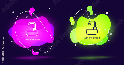 Line Washbasin with water tap icon isolated on black background. Abstract banner with liquid shapes. Vector Illustration.