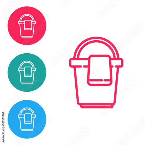 Red line Bucket with rag icon isolated on white background. Cleaning service concept. Set icons in circle buttons. Vector Illustration.
