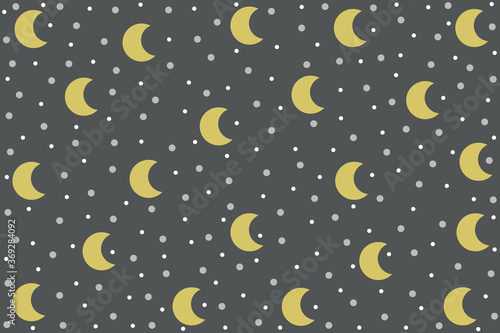 Crescent moon with dots on gray background.	