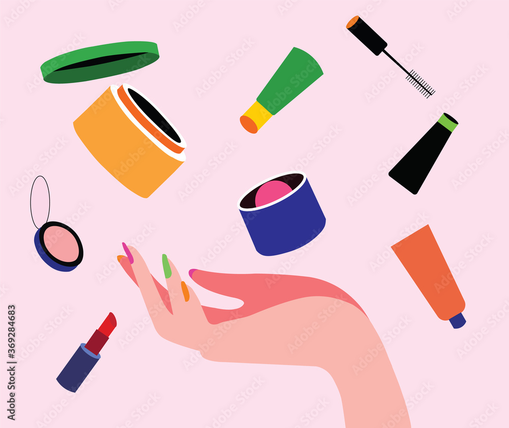 Female hand hold Makeup, cosmetic beauty products, lipstick, powder, blush, eye liner, lip balm, fairness cream. Vector illustration. Female hand hold Makeup, cosmetic beauty products, lipstick, powder, blush, eye liner, lip balm, fairness cream. Vector illustration.