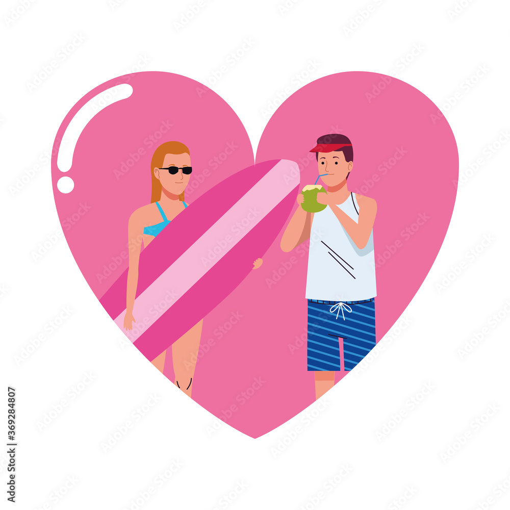 young couple wearing beach suits with surfboard in heart young couple wearing beach suits with surfboard in heart