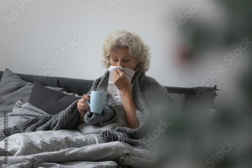 Obraz na płótnie Senior woman sit on bed in bedroom wrapped in warm knitted plaid holds cup with antipyretic healing beverage, blow runny nose use paper handkerchief
