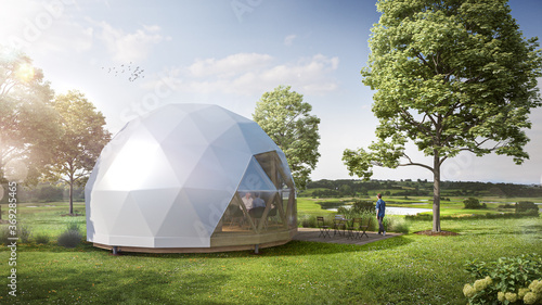 Billede på lærred Modern white dome glamping tent with window in forest visualization in summer wa