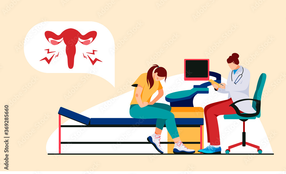 Woman on consultation with a gynecologist is experiencing pain in the uterus.Endometriosis, inflammation of the appendages, sexually transmitted diseases vector concept design in flat style.