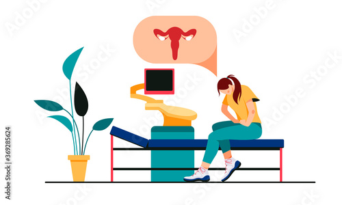 Woman on consultation with a gynecologist is experiencing pain in the uterus.Endometriosis, inflammation of the appendages, sexually transmitted diseases vector concept design in flat style.