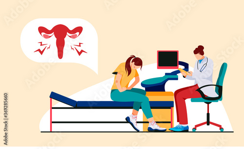 Woman on consultation with a gynecologist is experiencing pain in the uterus.Endometriosis, inflammation of the appendages, sexually transmitted diseases vector concept design in flat style.