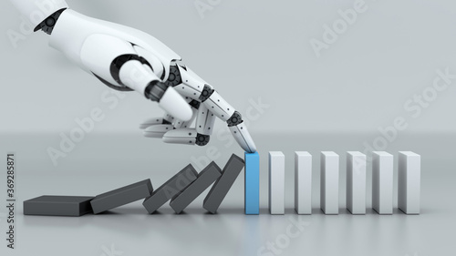 Tableau sur toile Robot hand stop crisis domino effect business, A