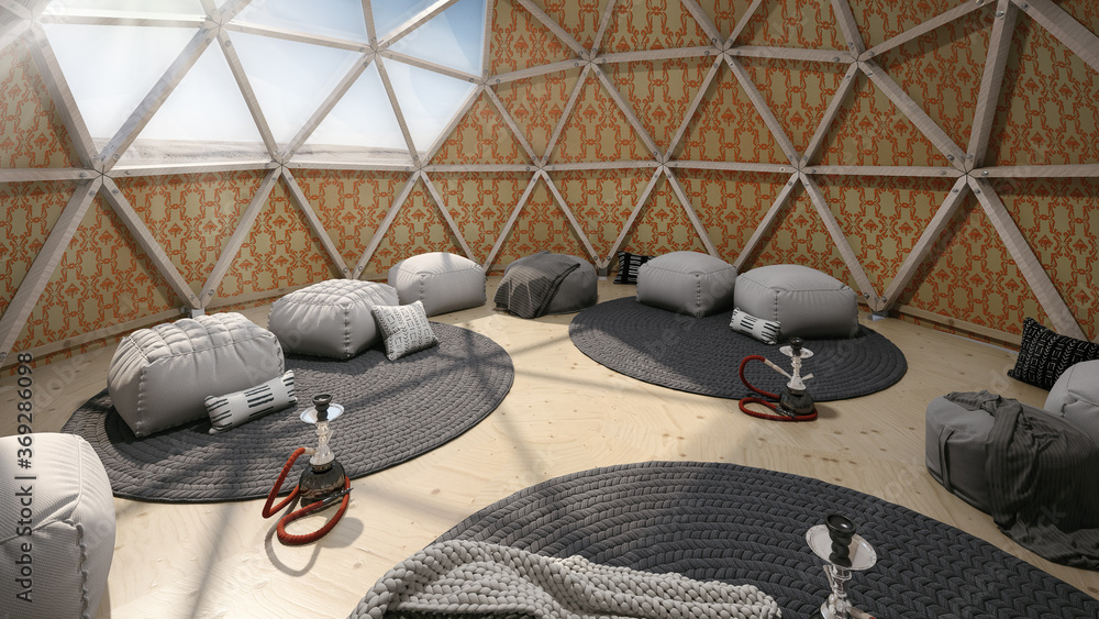 Modern geodesic dome tent yurt interior with hookahs. Nomad tent interior.  Stock Illustration | Adobe Stock