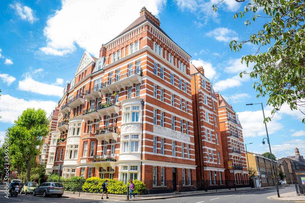 Beautiful red brick apartment building in Kensington, London 