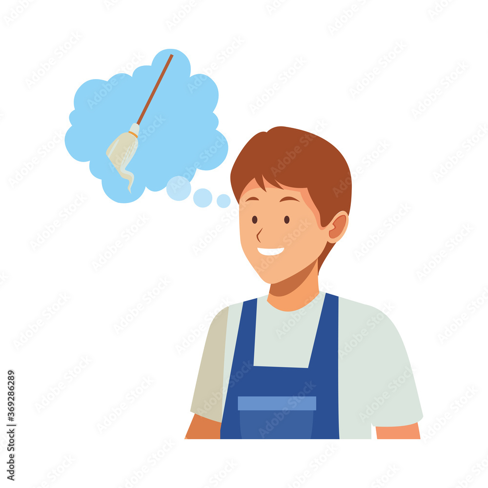 housekeeping male worker thinking mop tool housekeeping male worker thinking mop tool