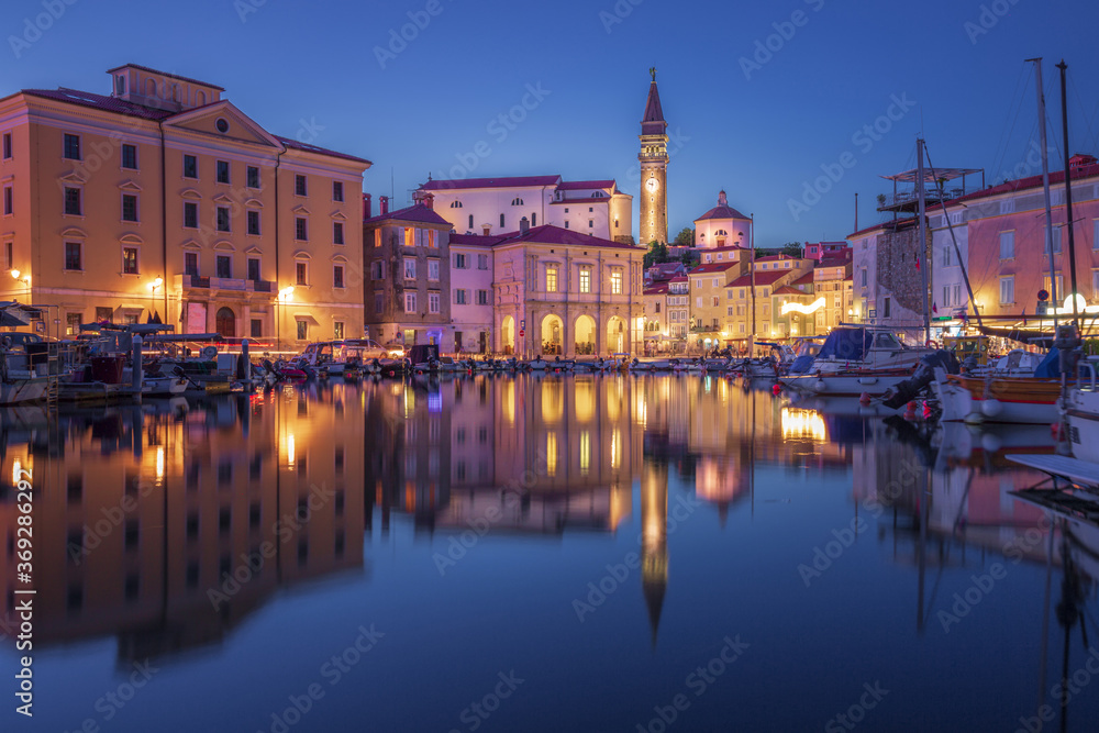Picturesque old town Piran, beautiful Slovenian adriatic coast with view of Tartini Square.