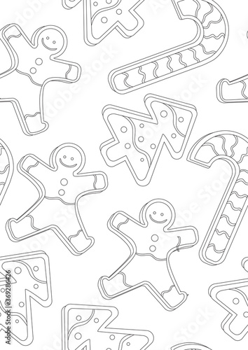 Coloring page or seamless pattern with christmas cookies with little men, christmas trees for adults, outline vector stock illustration as anti stress therapy with winter sweets