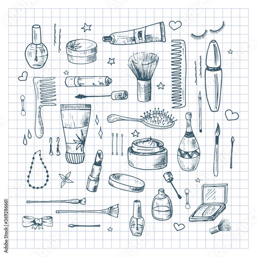 Beauty doodle set. Collection of hand drawn beauty, makeup and cosmetics icons and objects. Sketch design elements. Vector illustrations on a checkered background.