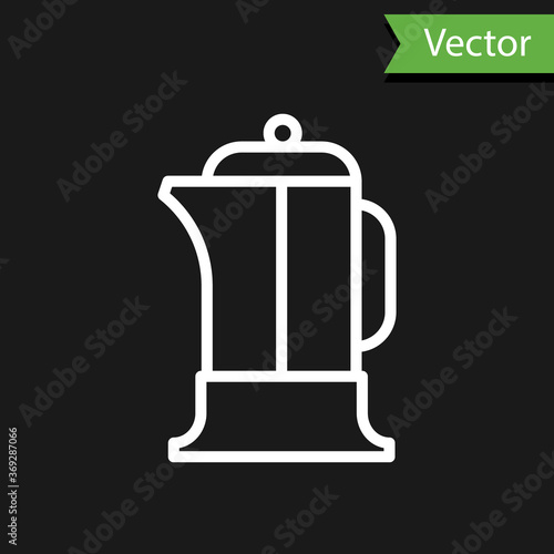 White line French press icon isolated on black background. Vector Illustration.
