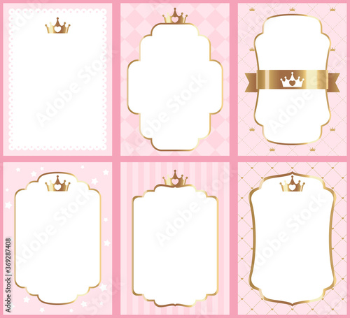 Set of cute princess pink templates for invitations. A little princess party. Wedding, girl birthday invite card. Elegant decor of card vector vintage royal kid decoration templates
 photo
