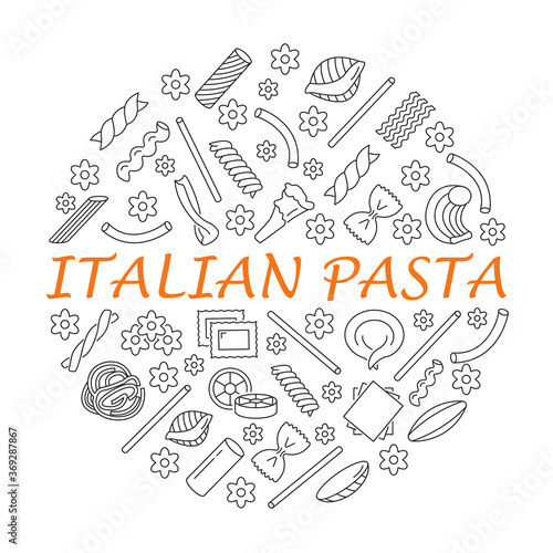 Italian pasta banner with line icon. Different types of macaroni. Template for flyer design or web store. Can be used for restaurant menu