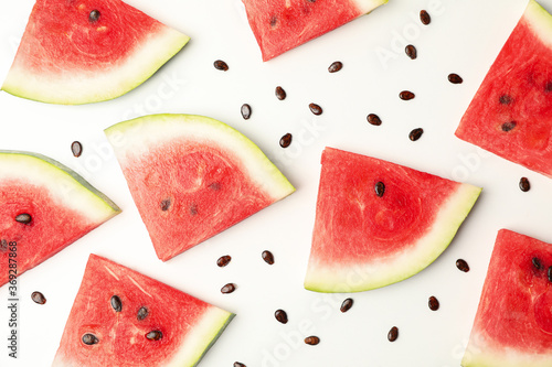 Composition with fresh watermelon slices on white background, top view