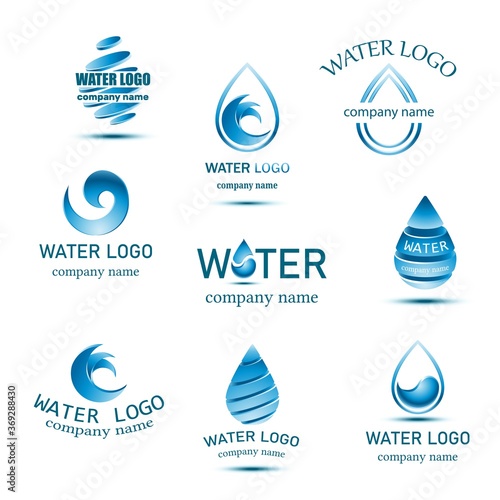 Vector blue mineral water logo collection with drops and waves. 